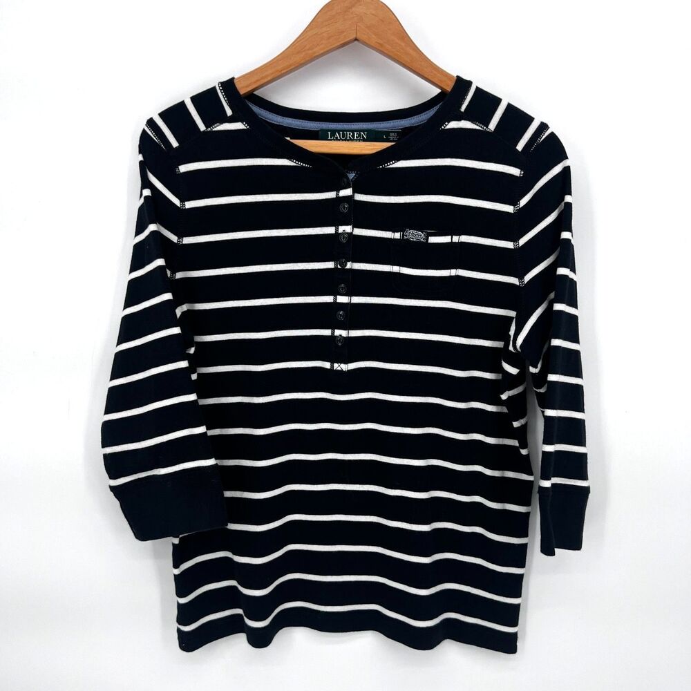 Lauren Ralph Lauren Striped‎ 100% Cotton Preppy Basic Casual Top Size Large
